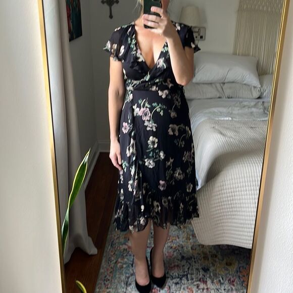 Paige Dress Womens Small Black Silk Floral VNeck Ruffle‎ Faux Wrap - Picture 1 of 8